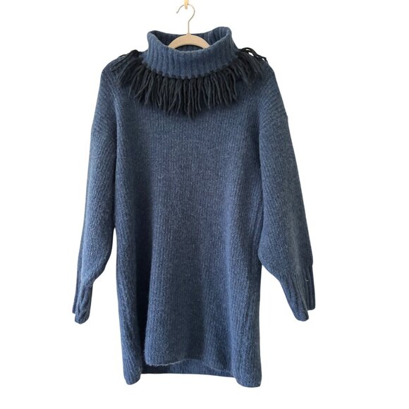 Something Navy Blue Wool Blend Fringe Turtle Neck Tunic Sweater Dress - Picture 3 of 15